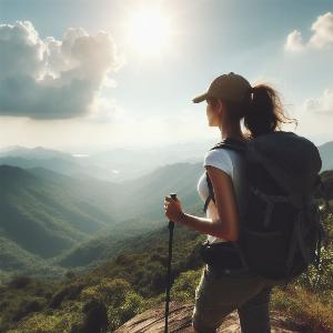 female backpacker hiking up a mountain on a hot summer day-2